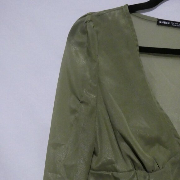 SHEIN | medium | Elegant Green V-Neck Sheer Blouse With Tie / Lace-Up Detail - Picture 3 of 15